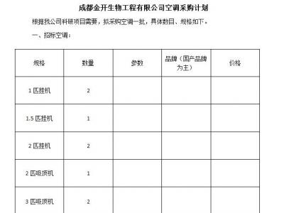 成都金開(kāi)生物工程有限公司空調(diào)采購(gòu)計(jì)劃